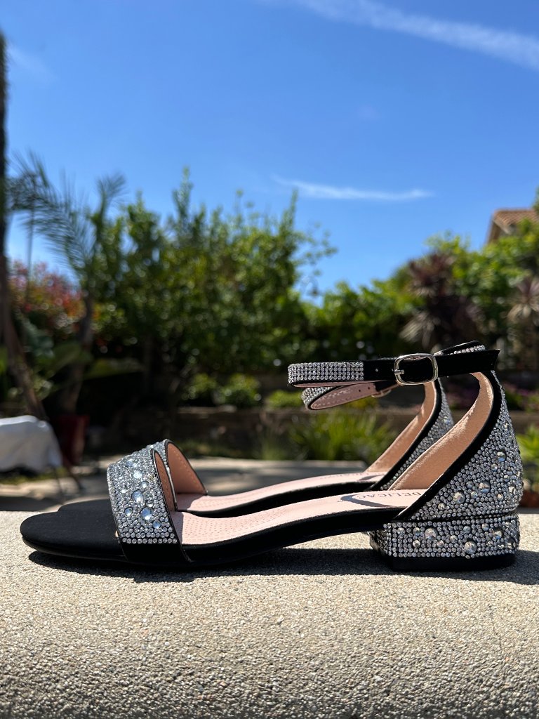 New Black Silver Rhinestone Crystal Open Toe Dress Sandals Low Heel Ankle Strap